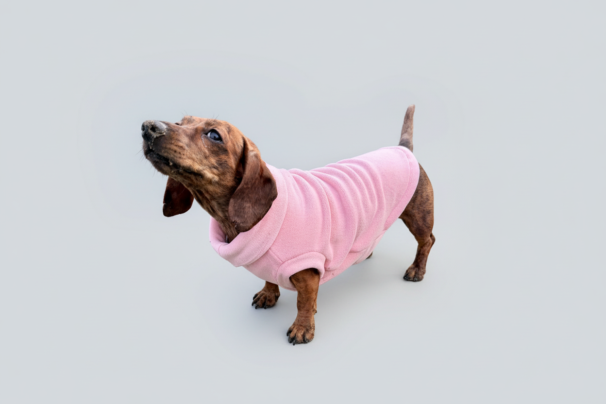 Small dog wearing a pink sweater on a light gray background